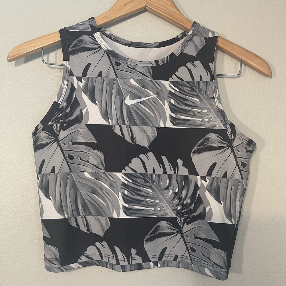Nike Dri-Fit Womens Small Tropical Leaf Print Crop Tank Top Black White Work Out